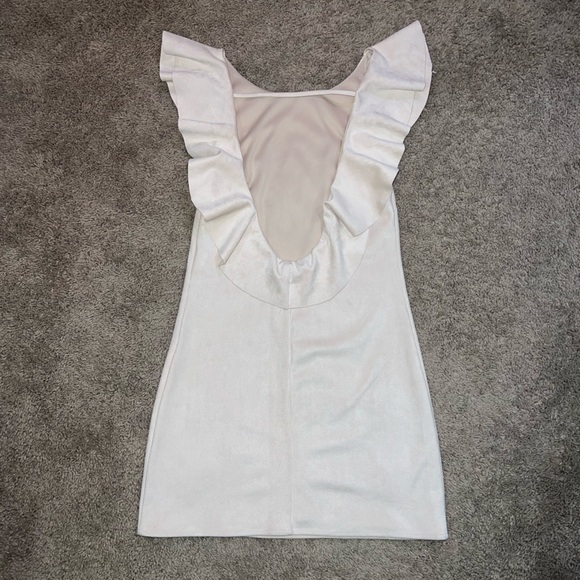 Backless Cream Suede Cocktail Dress w/ Ruffle Detail - Picture 3 of 7